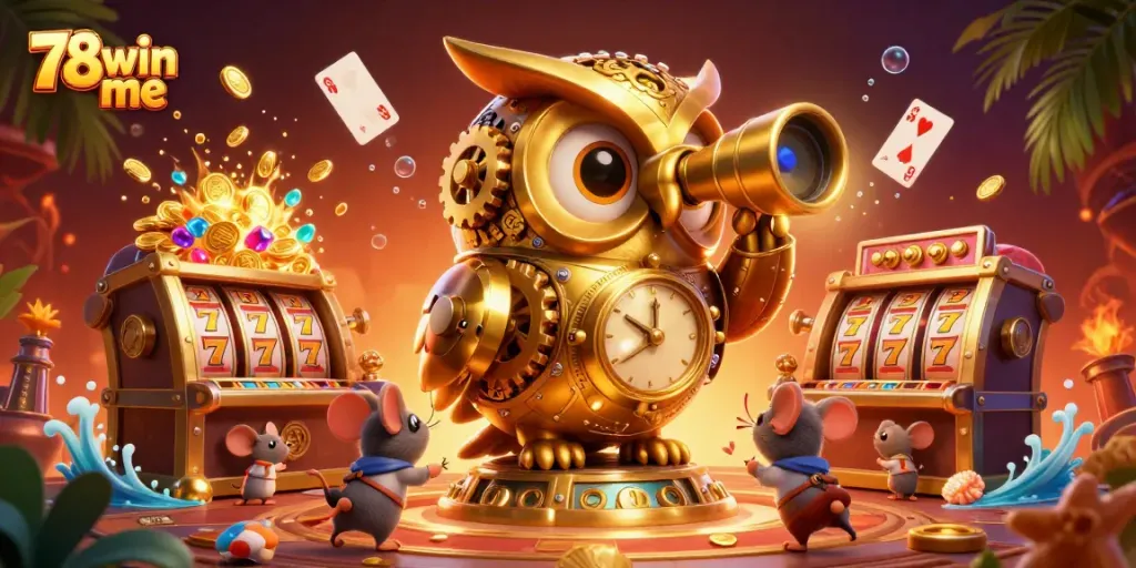Experience thrilling wins at 78win me with vibrant slots and animated characters in a captivating casino scene.