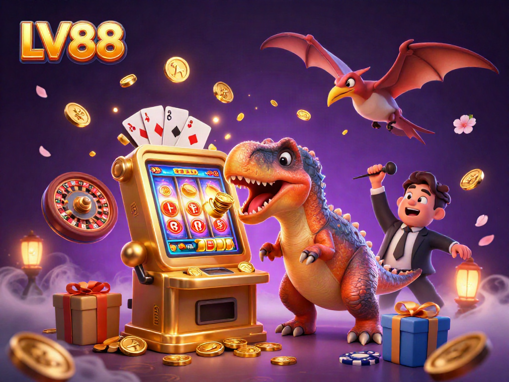 Catch the LV88 jackpot as a cartoon dinosaur headbutts a golden slot machine with golden coins flying everywhere.