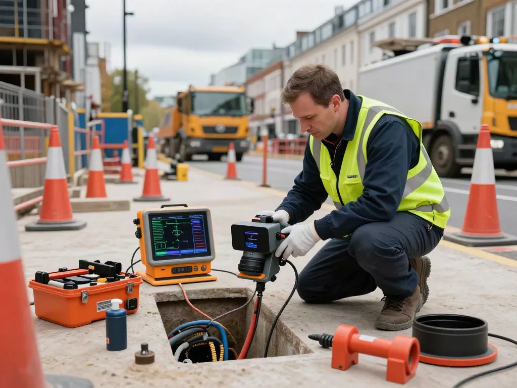 Buried Services Detection London with technician using GPR equipment at a construction site.