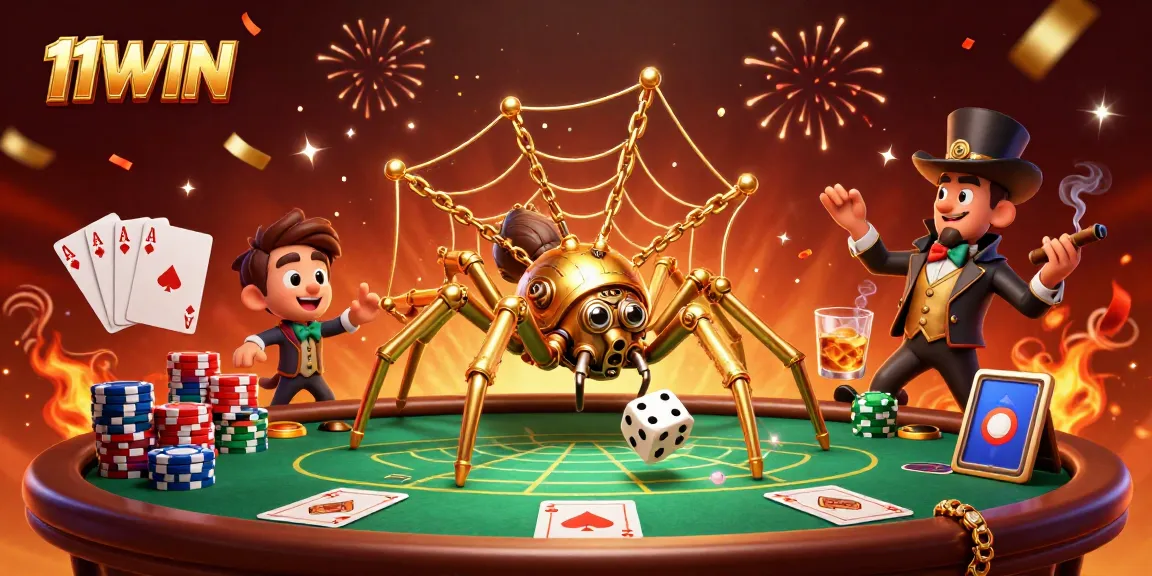 Engage with 11WIN's vibrant steampunk casino illustration featuring a spider and fly gentleman.