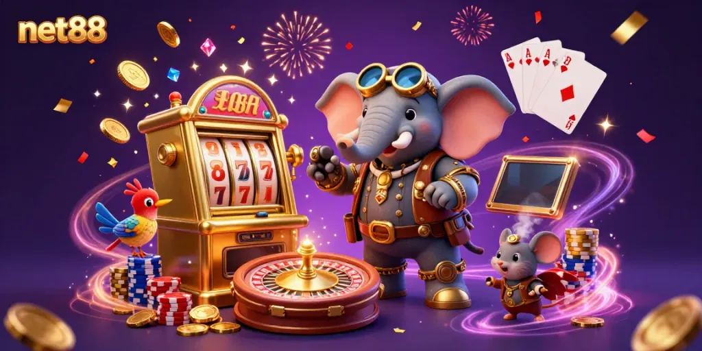 Experience thrilling gaming with net88 featuring a steampunk elephant, golden slot machines, and vibrant casino elements.