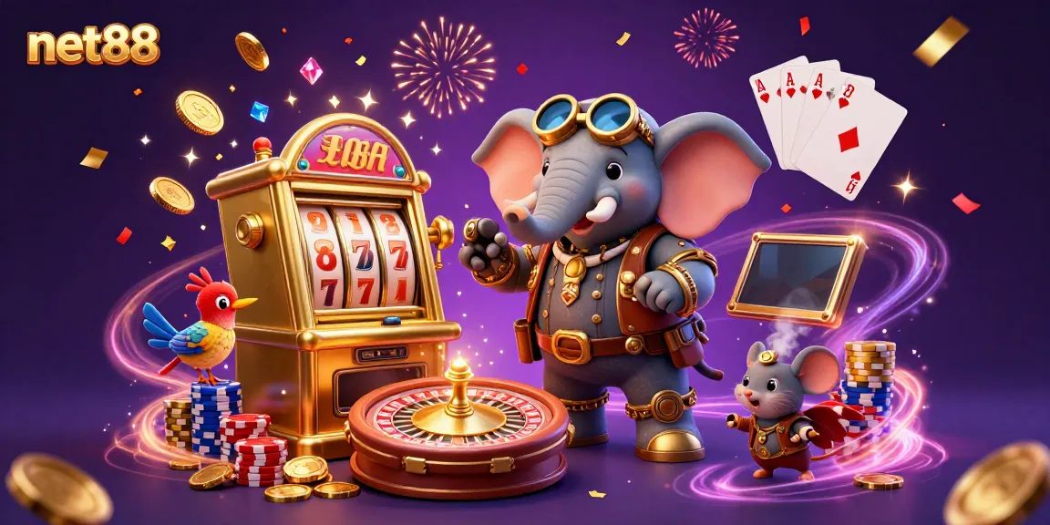 Experience thrilling gaming with net88 featuring a steampunk elephant, golden slot machines, and vibrant casino elements.