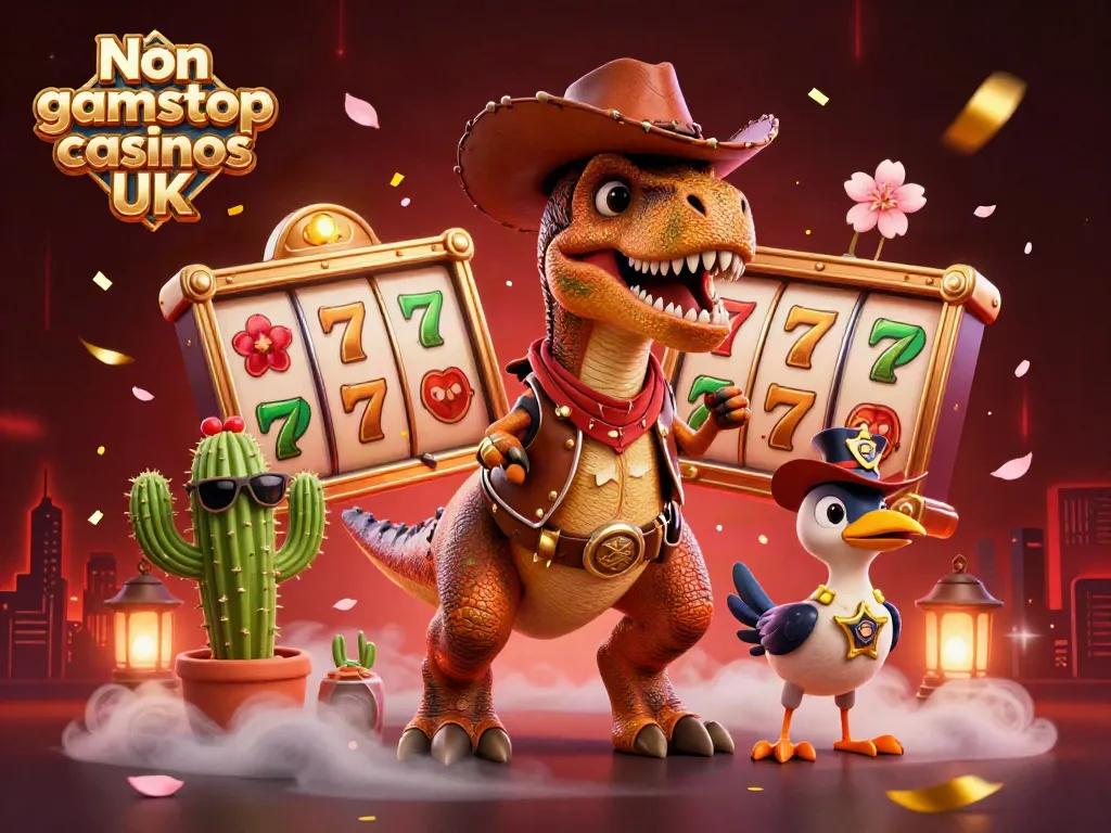 Engage with Non gamstop casinos UK featuring a T-Rex and his quirky companions surrounded by vibrant slot visuals.