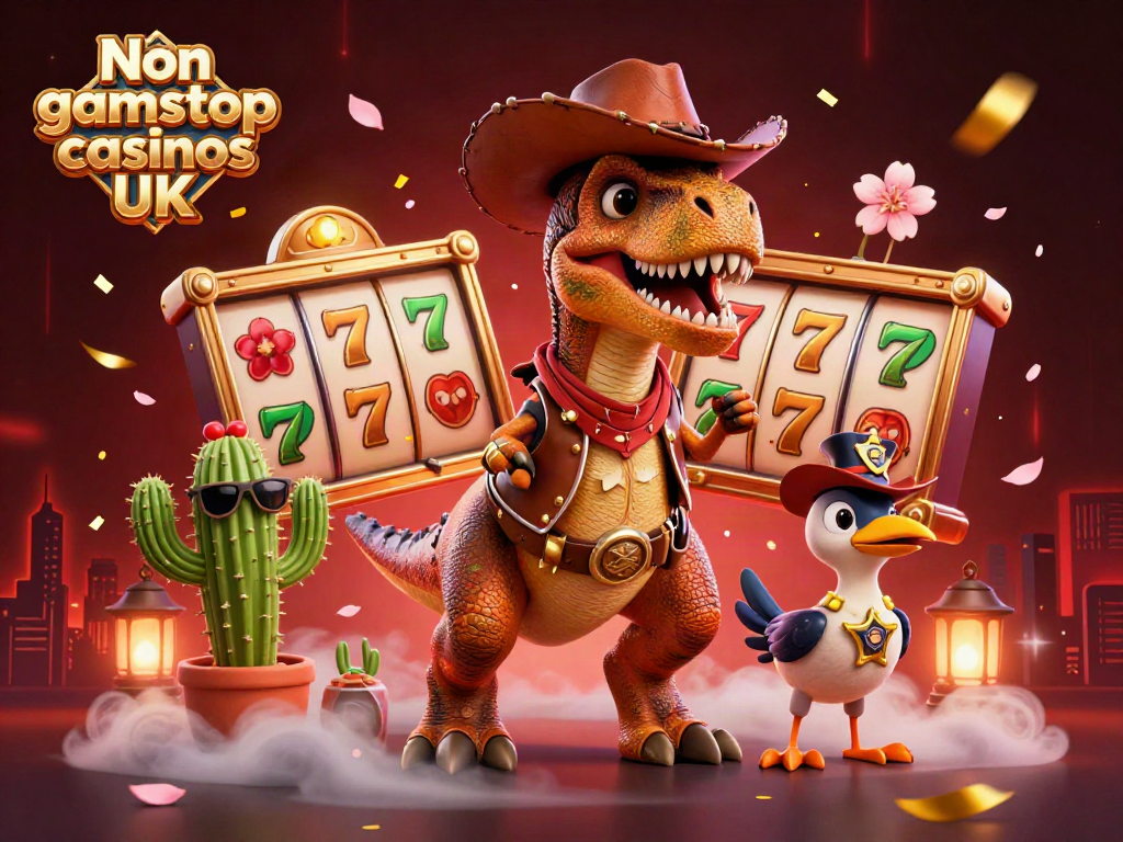 Engage with Non gamstop casinos UK featuring a T-Rex and his quirky companions surrounded by vibrant slot visuals.