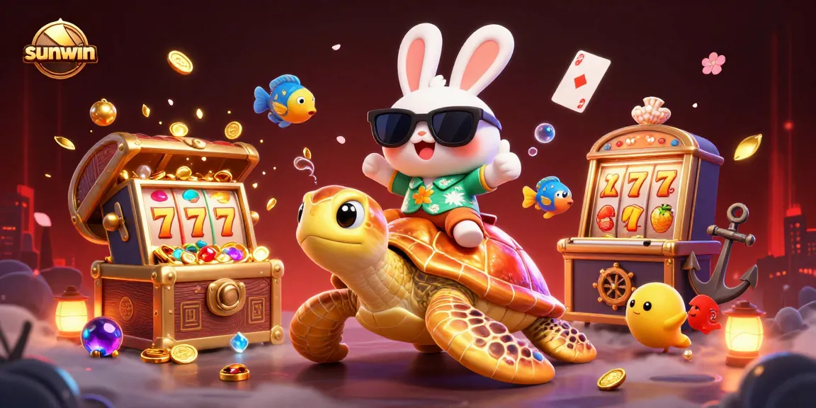 Engage in thrilling play with Sunwin's lucky rabbit and giant golden turtle in a vibrant casino scene.
