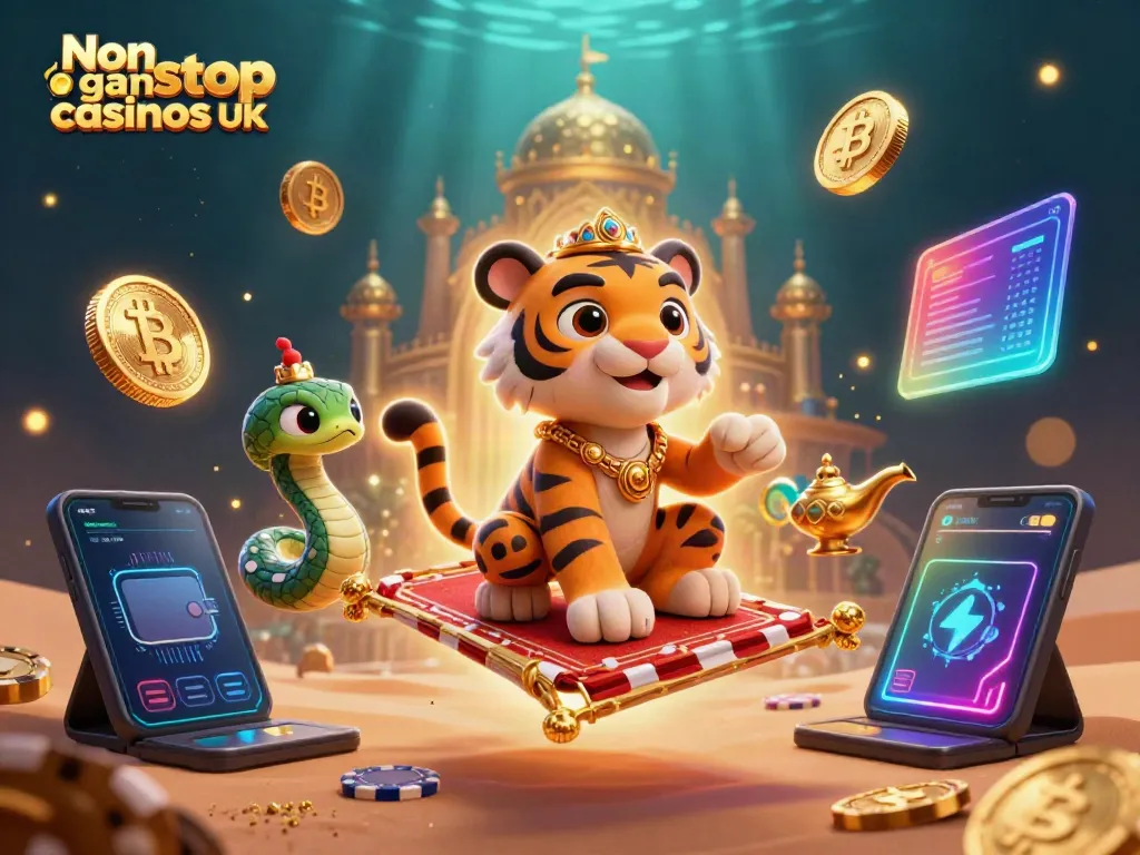 Explore vibrant visual of non gamstop casinos UK featuring a tiger sultan on a poker chip carpet.