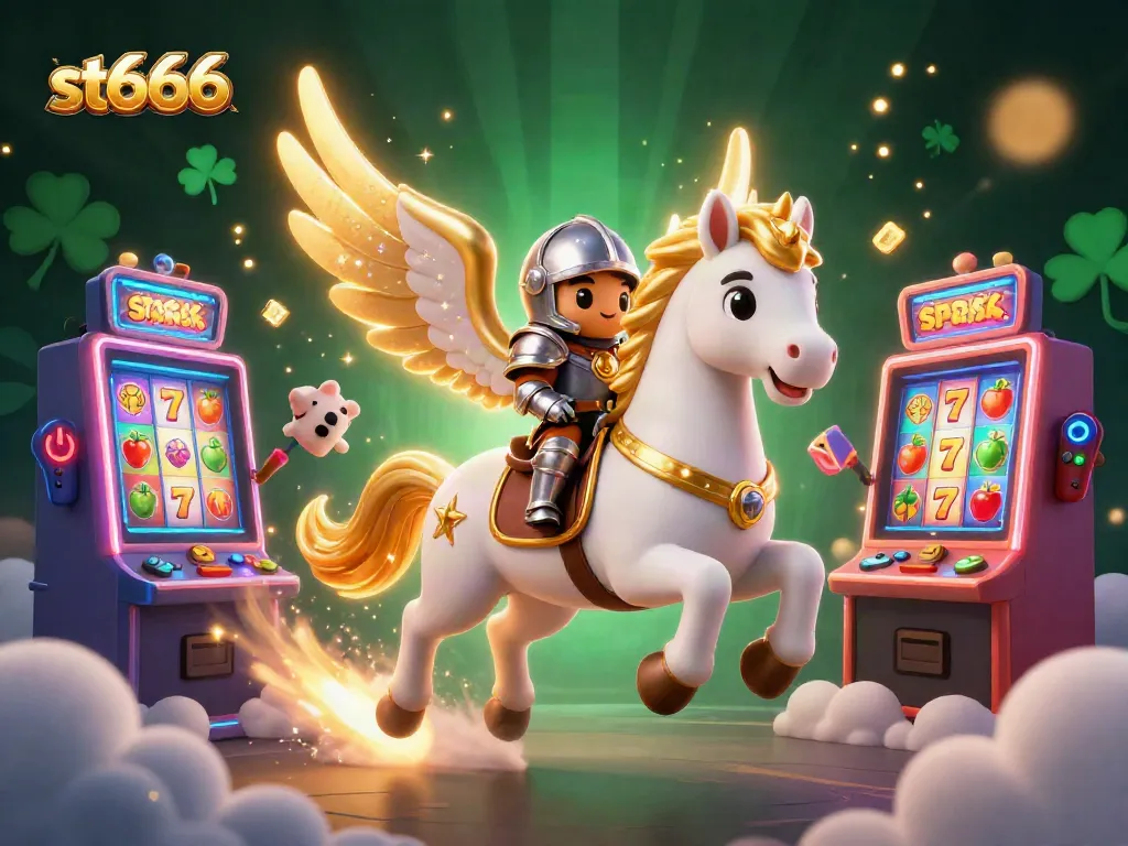 Experience the thrill of st666 as a knight rides a celestial horse through a vibrant 3D casino world.