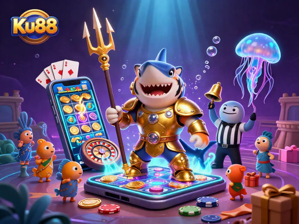 Engage with thrilling gameplay at Ku88, featuring a vibrant underwater casino scene with dynamic elements.