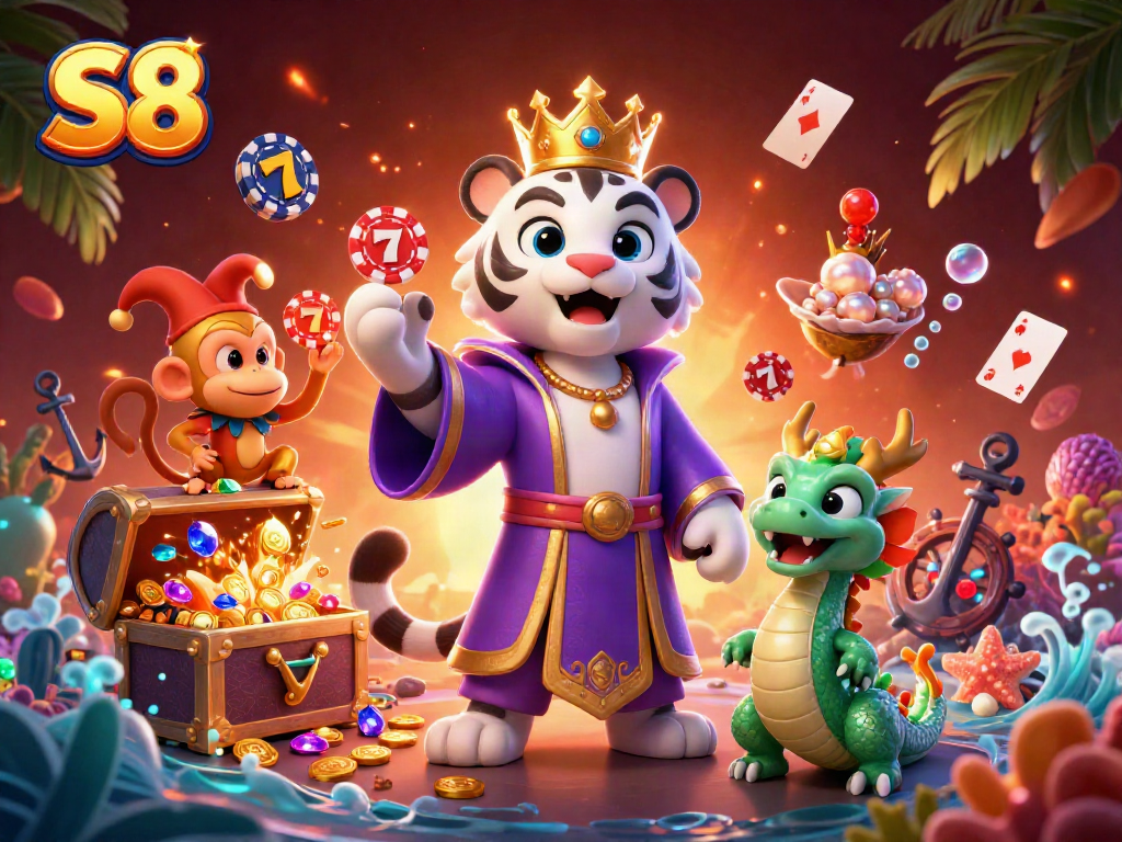 S8 casino illustration showcasing a tiger, monkey, and dragon amidst slot machines and treasures.