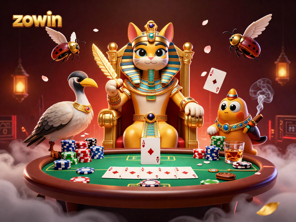 Zowin offers an enticing gambling experience with Egyptian cat pharaoh amid poker excitement.
