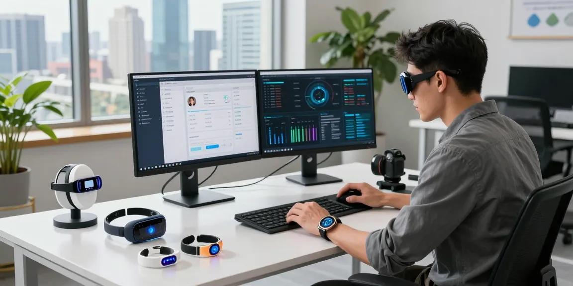 Engineer evaluating AI wearables with prototypes and dual monitors in a modern workspace.