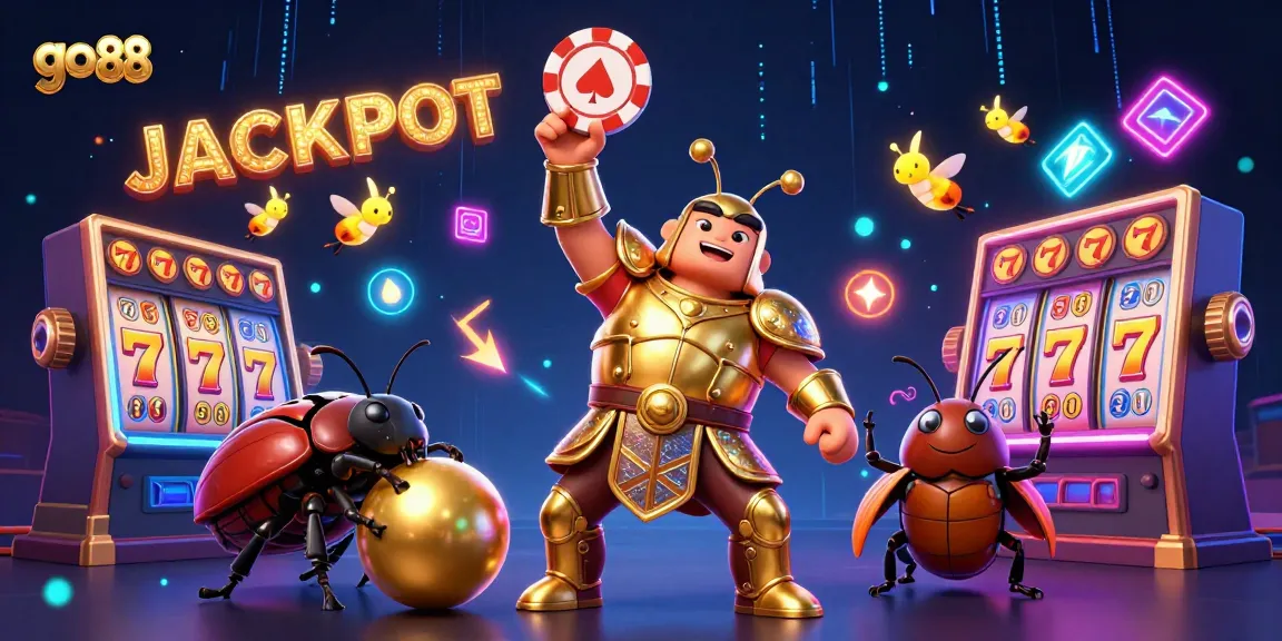Experience go 88 thrill with a 3D beetle champion celebrating a jackpot victory amidst vibrant casino elements.