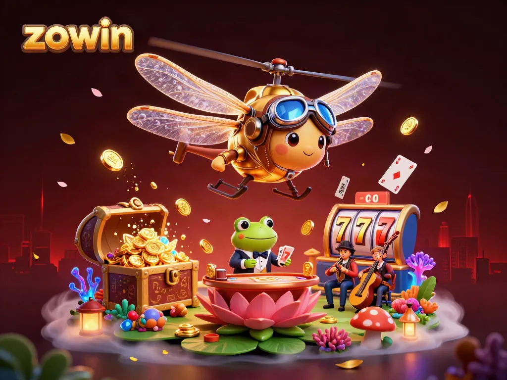 Zowin-themed vibrant 3D casino scene featuring a dragonfly pilot, a frog croupier, and musicians amidst dynamic casino elements.