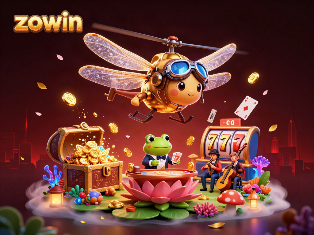 Zowin-themed vibrant 3D casino scene featuring a dragonfly pilot, a frog croupier, and musicians amidst dynamic casino elements.