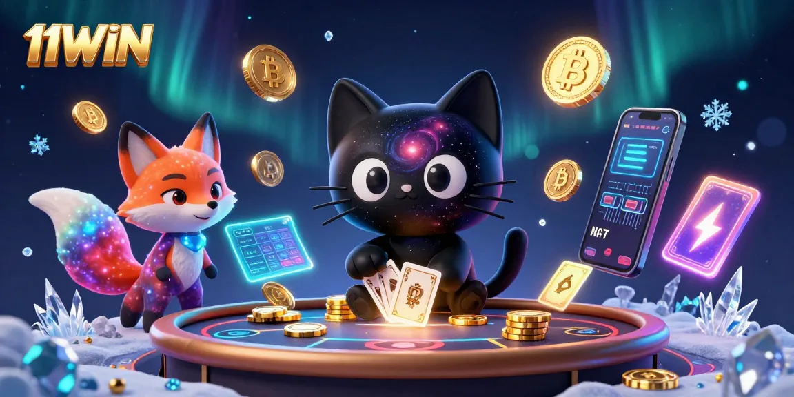 Engage with the vibrant cosmic casino scene at 11WIN featuring a black hole cat and nebula fox.