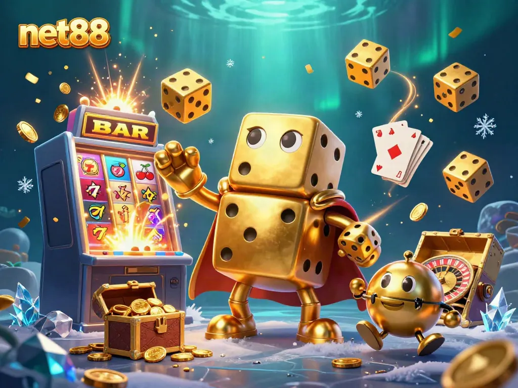 Experience thrilling gameplay with net88 featuring cartoon dice and a vibrant jackpot explosion.