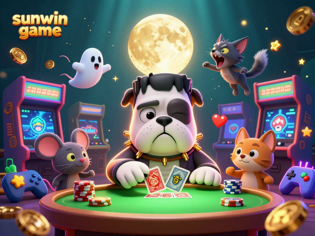 Engaging players in sunwin game with a lively Frankenstein bulldog and friends at a casino table.