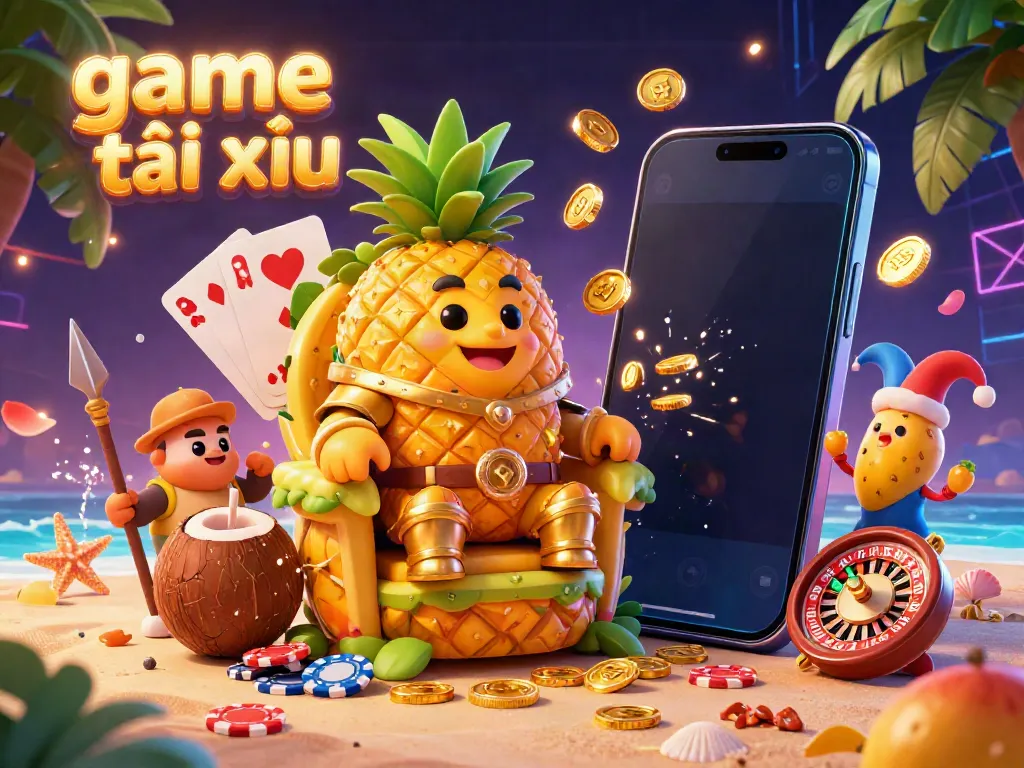 Engage in game tài xỉu with the golden pineapple king and lively casino elements in a vibrant, detailed scene.