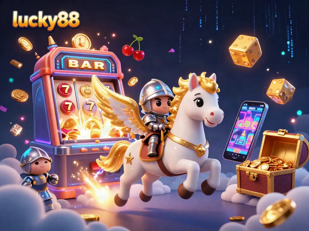 Experience the thrill of lucky88 with a magical 3D scene of a horse and knight amidst jackpot symbols and casino visuals.