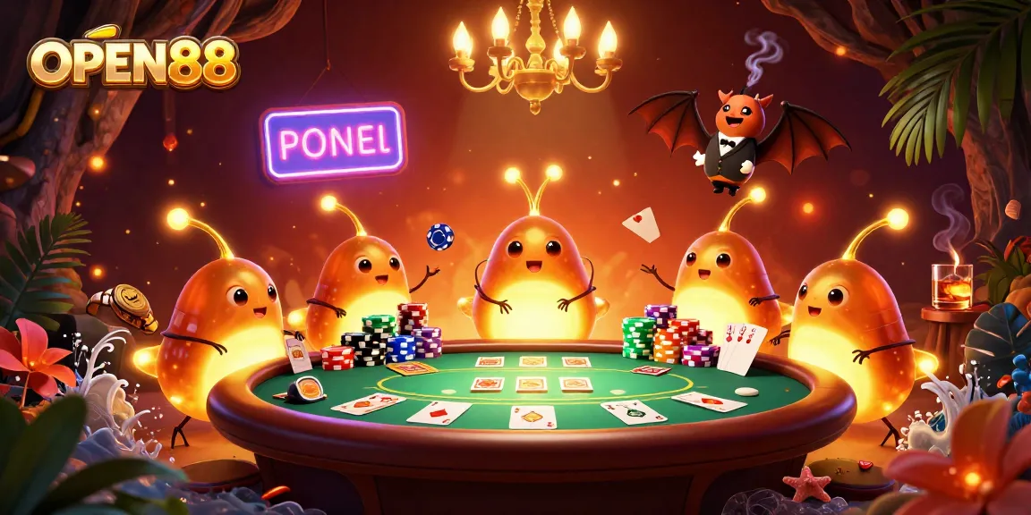 Experience the vibrant OPEN88 casino scene with illuminated glowworms and a bat dealer.