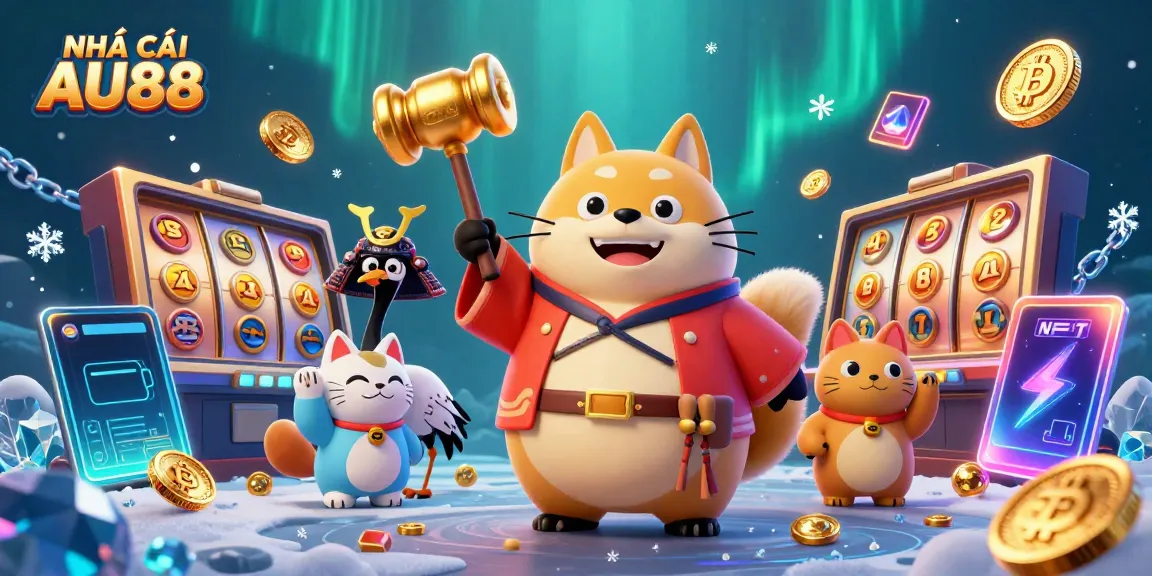 Engage with NHÀ CÁI AU88's vibrant casino scene featuring a charming tanuki and crypto elements.