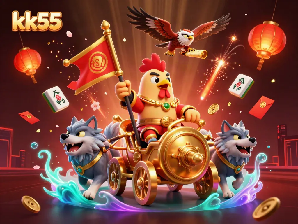 Experience thrilling gameplay at kk55 casino with a dynamic 3D illustration featuring vibrant elements and engaging action.