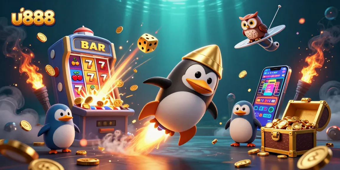 u888 offers thrilling gameplay with a golden penguin racing towards big jackpots in this colorful casino scene.
