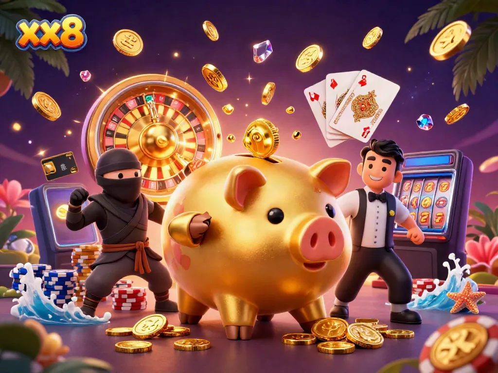Engaging scene featuring xx8 brand, depicting a sumo wrestler piggy bank and ninja characters surrounded by lively casino elements.
