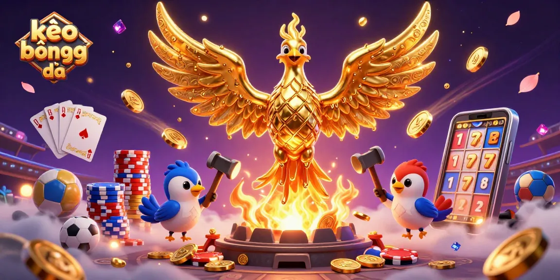 Bet on kèo bóng đá with a golden phoenix emerging from a forge, surrounded by sports elements.