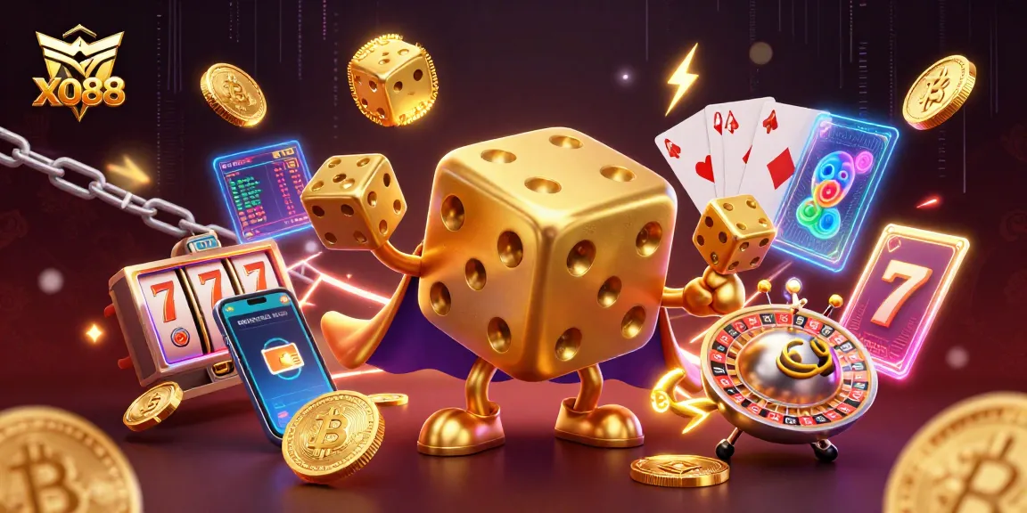 Engage with the xo88 casino experience featuring golden dice and vibrant crypto elements.