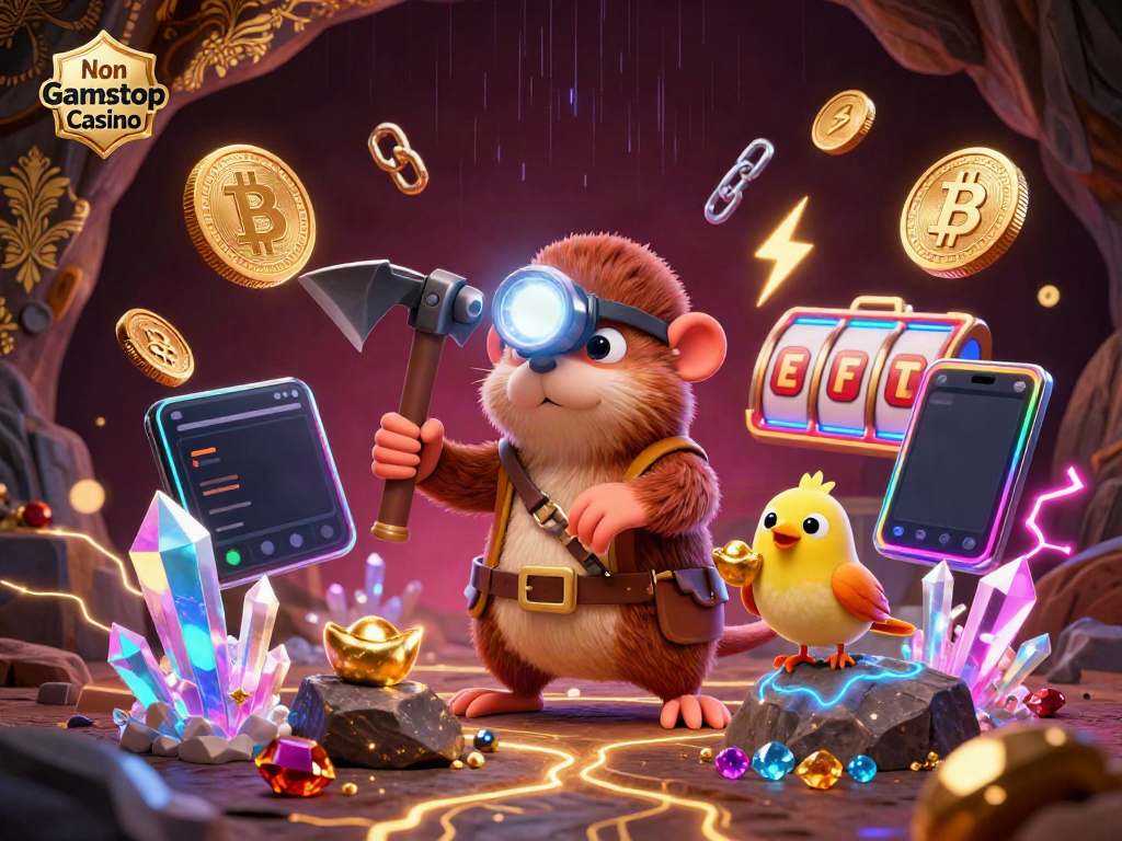 Experience the thrill of Non Gamstop Casino with a vibrant 3D cartoon treasure hunter scene full of gems and crypto.