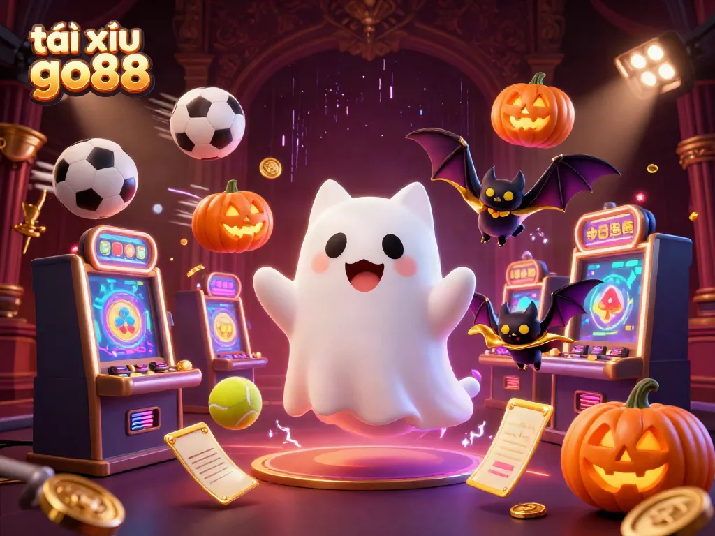 Tài xỉu go88 scene featuring a friendly ghost cat and a bat in a haunted casino