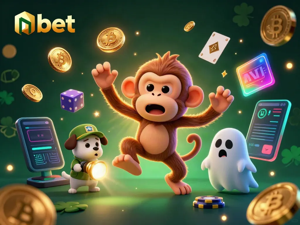 Track golden coins and vibrant NFTs with nbet's spirited poltergeist monkey in a lively casino.