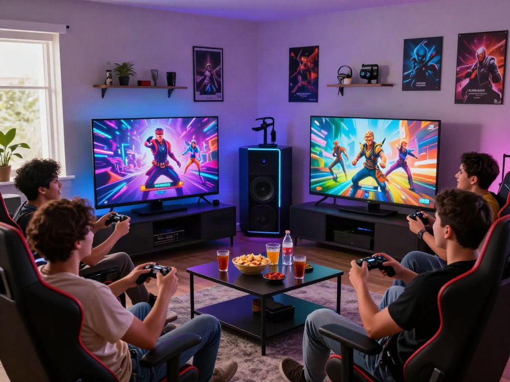 Group enjoying a lively porngame in a vibrant gaming setup, surrounded by snacks and controllers.
