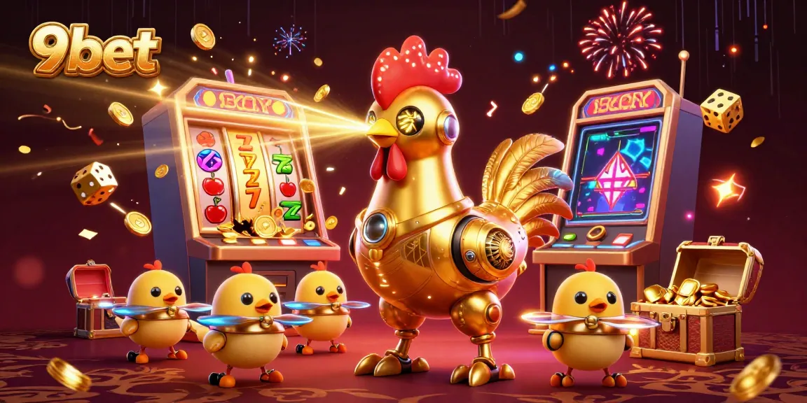 Experience the excitement of 9bet with a robotic rooster, cascading gold coins, and vibrant casino visuals.