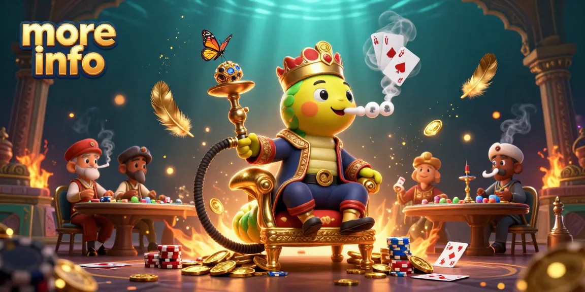 Enjoy more info on a vibrant casino scene featuring a caterpillar hookah-master with poker elements.