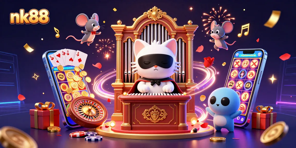 Experience the thrill of nk88 with vibrant casino gaming elements and animated characters in a festive scene.