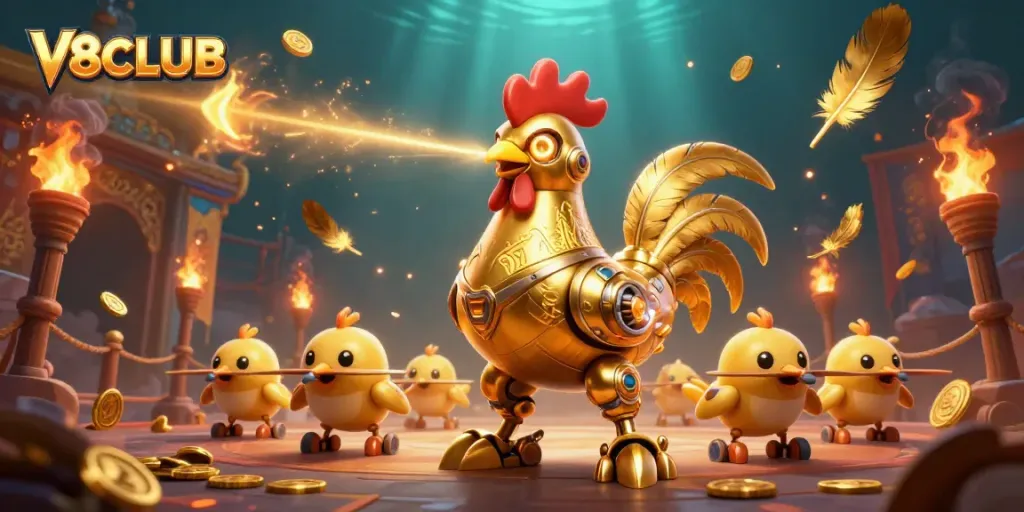 Engage in thrilling gameplay at V8CLUB with a dynamic scene of golden rooster robot and baby chick drones.