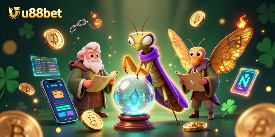 Experience u888bet with a colorful scene featuring a fortune teller and crypto coins.