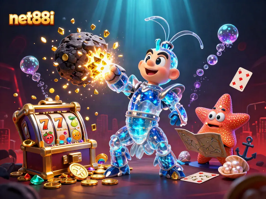 Experience thrilling wins at net88i with a vibrant 3D casino scene of a mantis shrimp dominating the gaming universe.