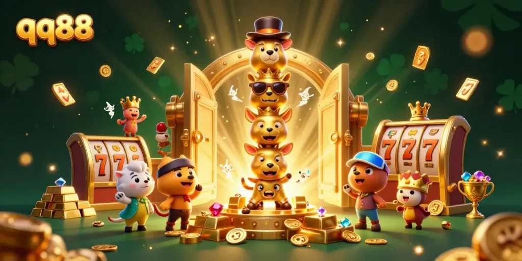 Experience the thrilling world of qq88 with a dynamic 3D casino illustration showcasing exciting game elements and vibrant treasures.