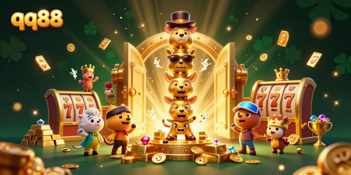 Experience the thrilling world of qq88 with a dynamic 3D casino illustration showcasing exciting game elements and vibrant treasures.