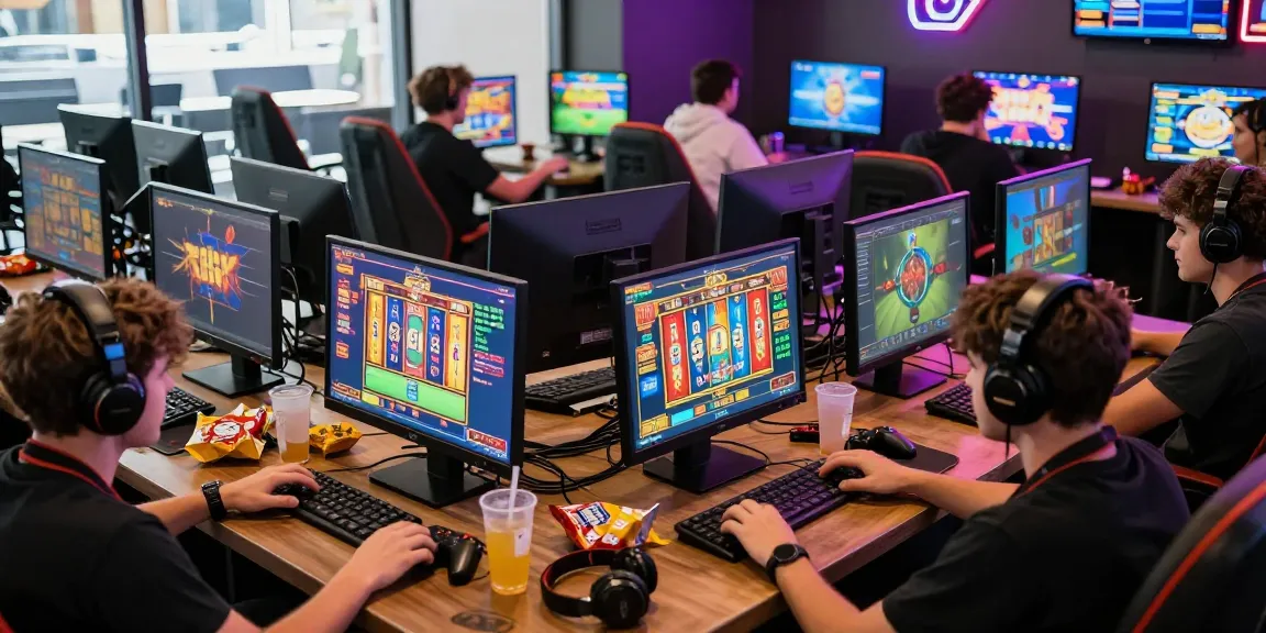 situs slot deposit 10 ribu players enjoying thrilling games in vibrant gaming lounge