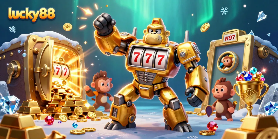 Immerse in the lucky88 experience with a dynamic 3D golden gorilla mech surrounded by jewels and treasures.