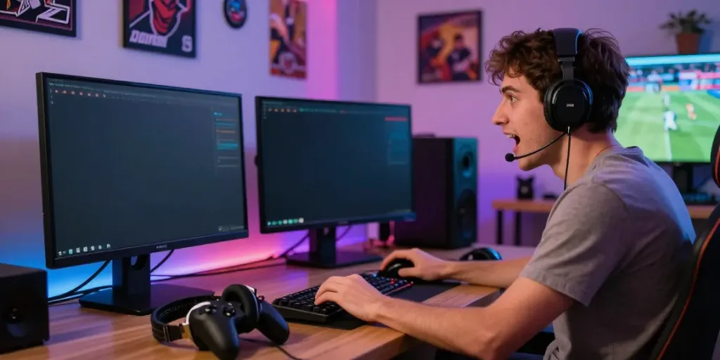 Excited gamer at home viewing live sports on https://zbet.cymru/ account, showcasing dynamic online betting environment.