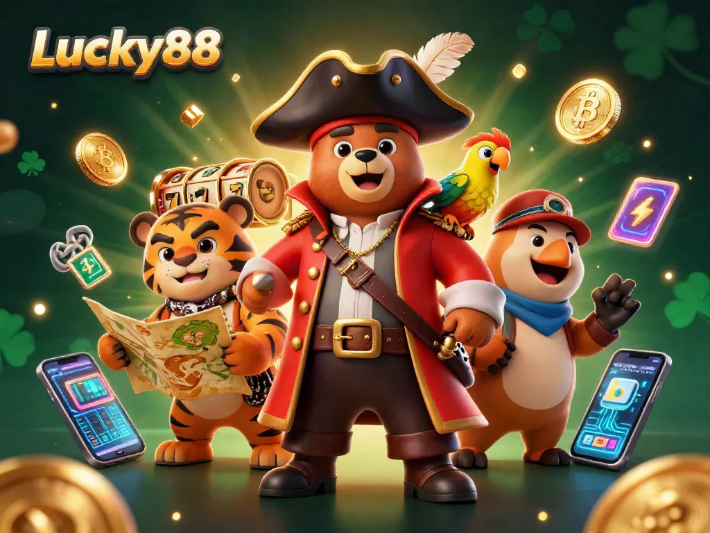 Experience the thrill of Lucky88 with vibrant slot reels and 3D characters in an engaging casino scene.