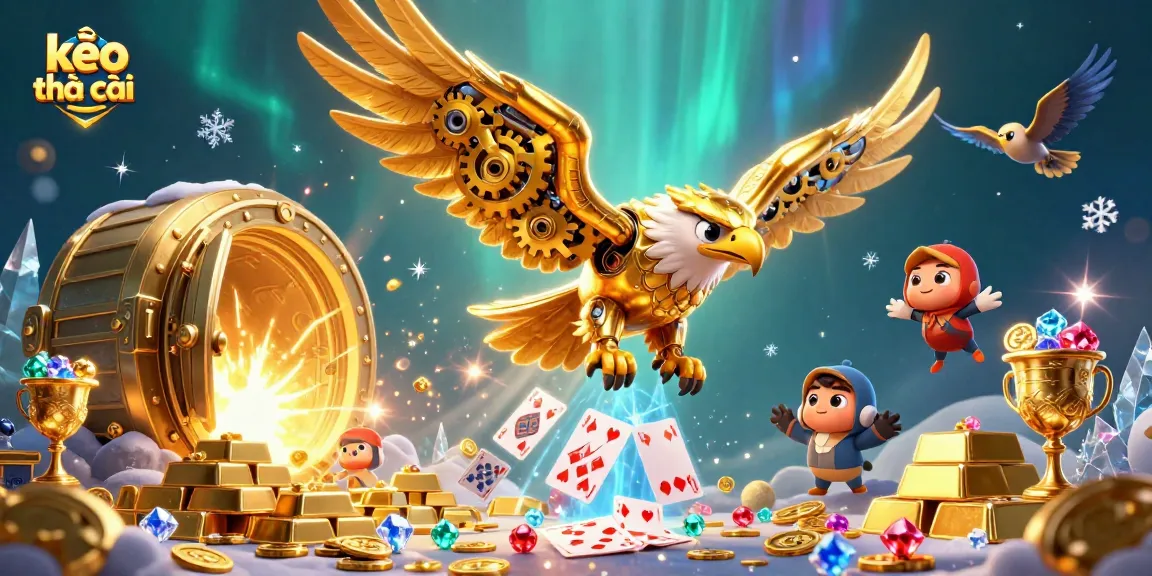 Bet on kèo nhà cái with a dynamic representation of a cybernetic golden eagle soaring through holographic cards.