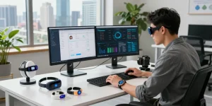 Engineer evaluating AI wearables with prototypes and dual monitors in a modern workspace.