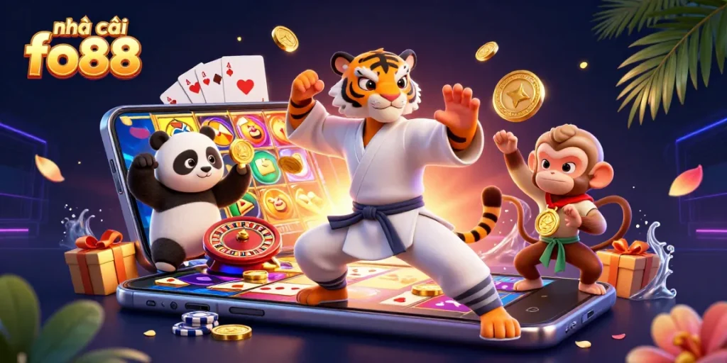 nhà cái fo88 showcases vibrant slot games with dynamic characters in a lively casino scene
