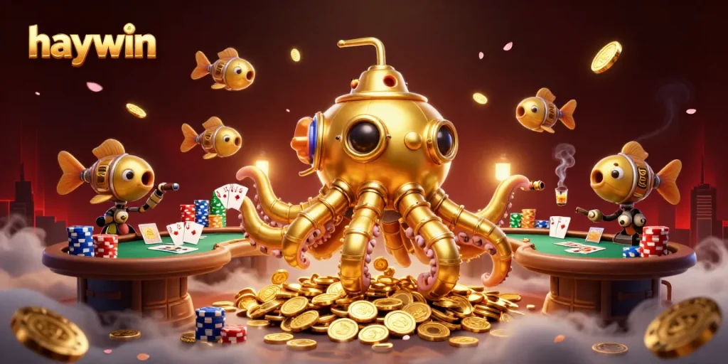 Haywin's golden kraken submarine towers over a vibrant poker scene, showcasing exciting gameplay.